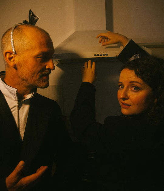 Barnie Duncan & Ella Hope-Higginson: Two people on a stage, set in a kitchen but there's no cooking and we're both dressed in evening wear